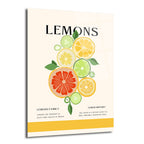 Krem renkli arka plan üzerinde, sarı, yeşil ve turuncu limon, misket limonu, greyfurt ve salatalık dilimlerinin yer aldığı minimalist ve modern bir cam tablo. Üstte 'LEMONS' yazısı, altta limon ailesi ve tarihi hakkında bilgiler bulunmaktadır.