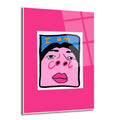 Canlı pembe bir arka plan üzerinde, "I am cool" yazısı bulunan, pembe yüzlü, karikatürize bir insan figürünün yer aldığı modern cam tablo.