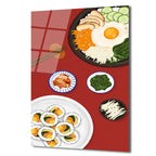 Kore Mutfağı Ziyafeti Cam Tablo | Bibimbap ve Kimbap Duvar Sanatı