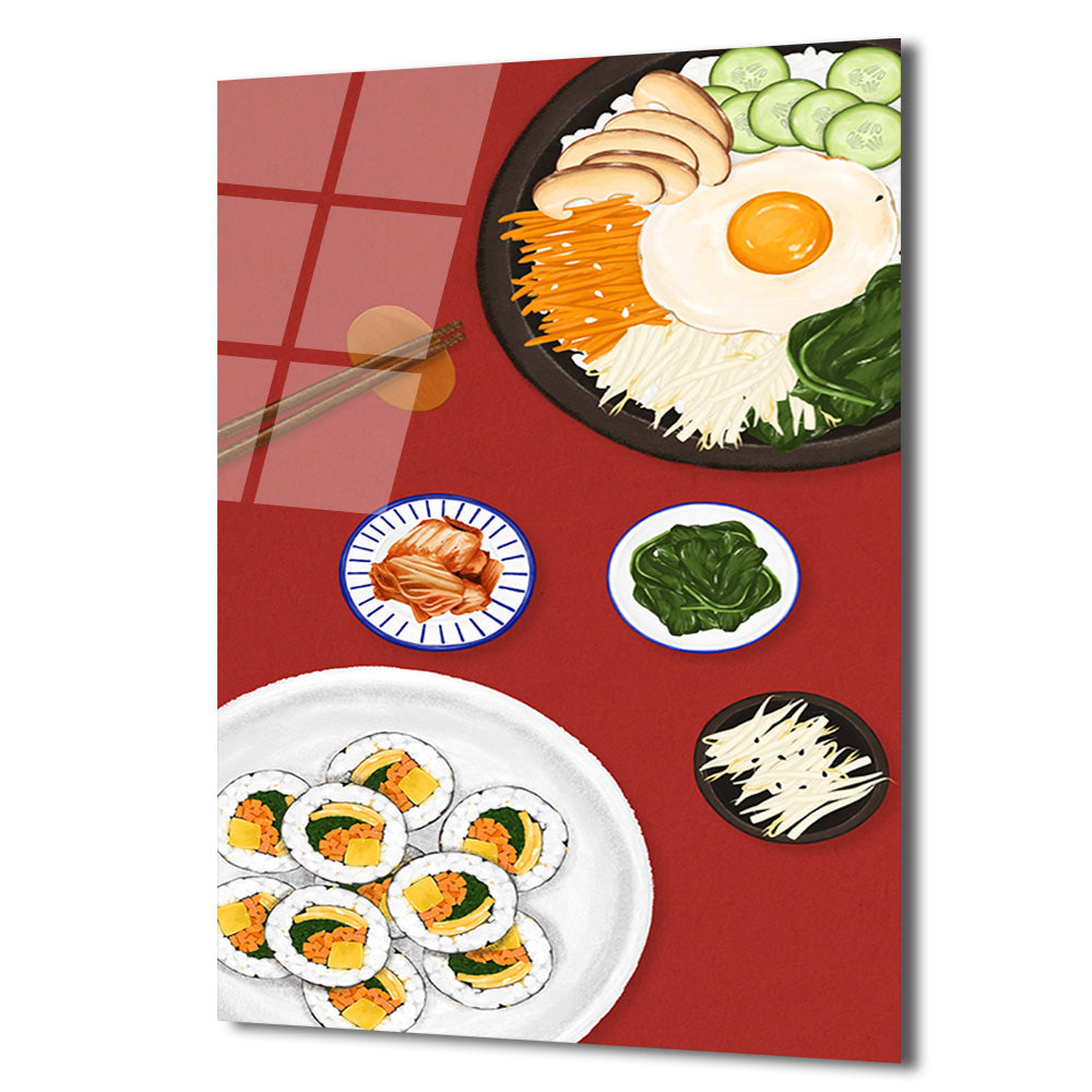 Kore Mutfağı Ziyafeti Cam Tablo | Bibimbap ve Kimbap Duvar Sanatı