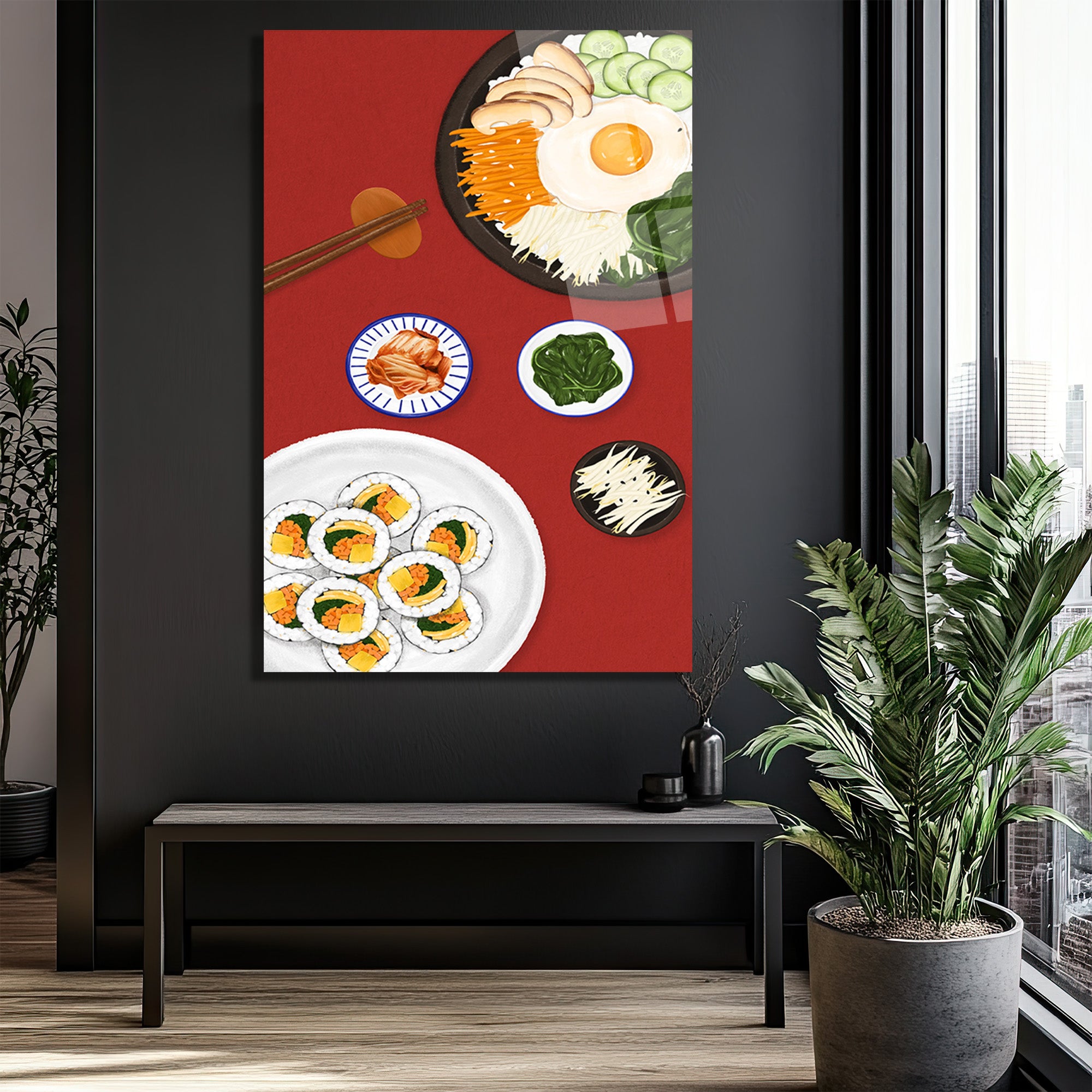 Kore Mutfağı Ziyafeti Cam Tablo | Bibimbap ve Kimbap Duvar Sanatı