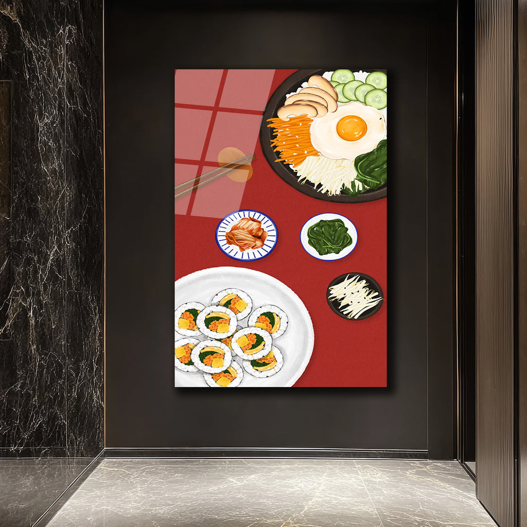 Kore Mutfağı Ziyafeti Cam Tablo | Bibimbap ve Kimbap Duvar Sanatı