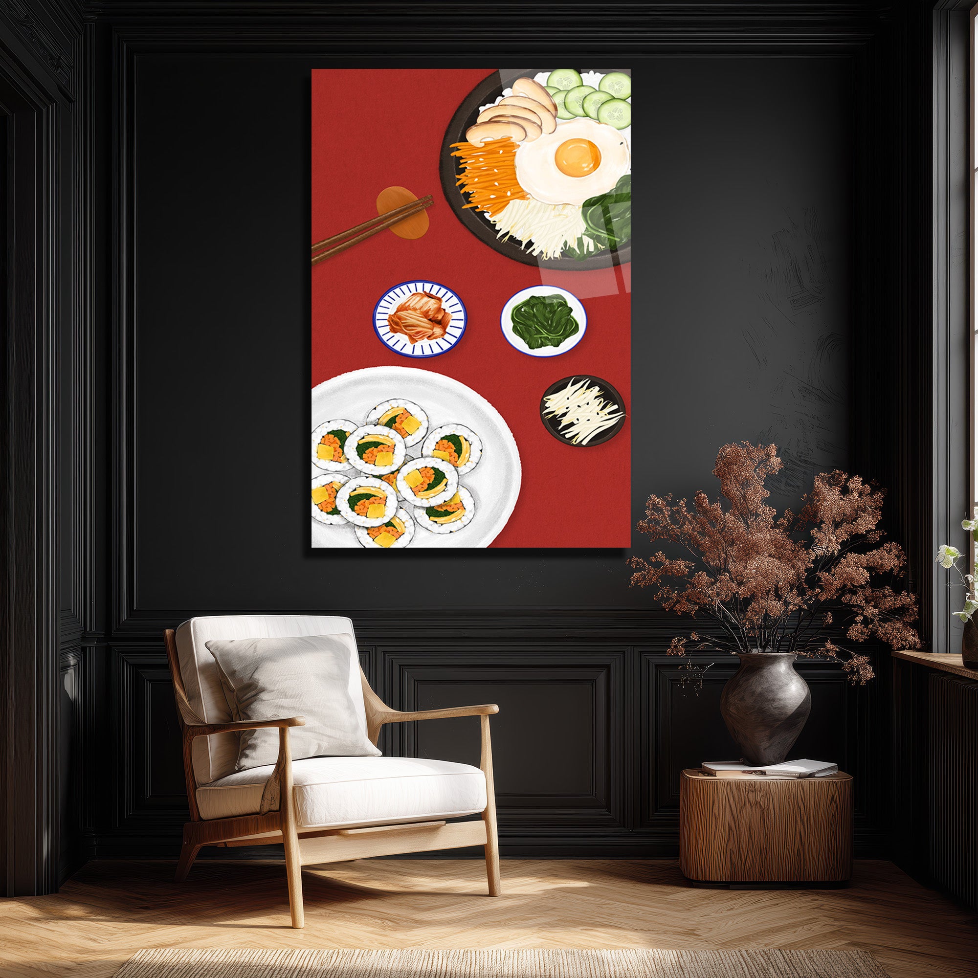Kore Mutfağı Ziyafeti Cam Tablo | Bibimbap ve Kimbap Duvar Sanatı