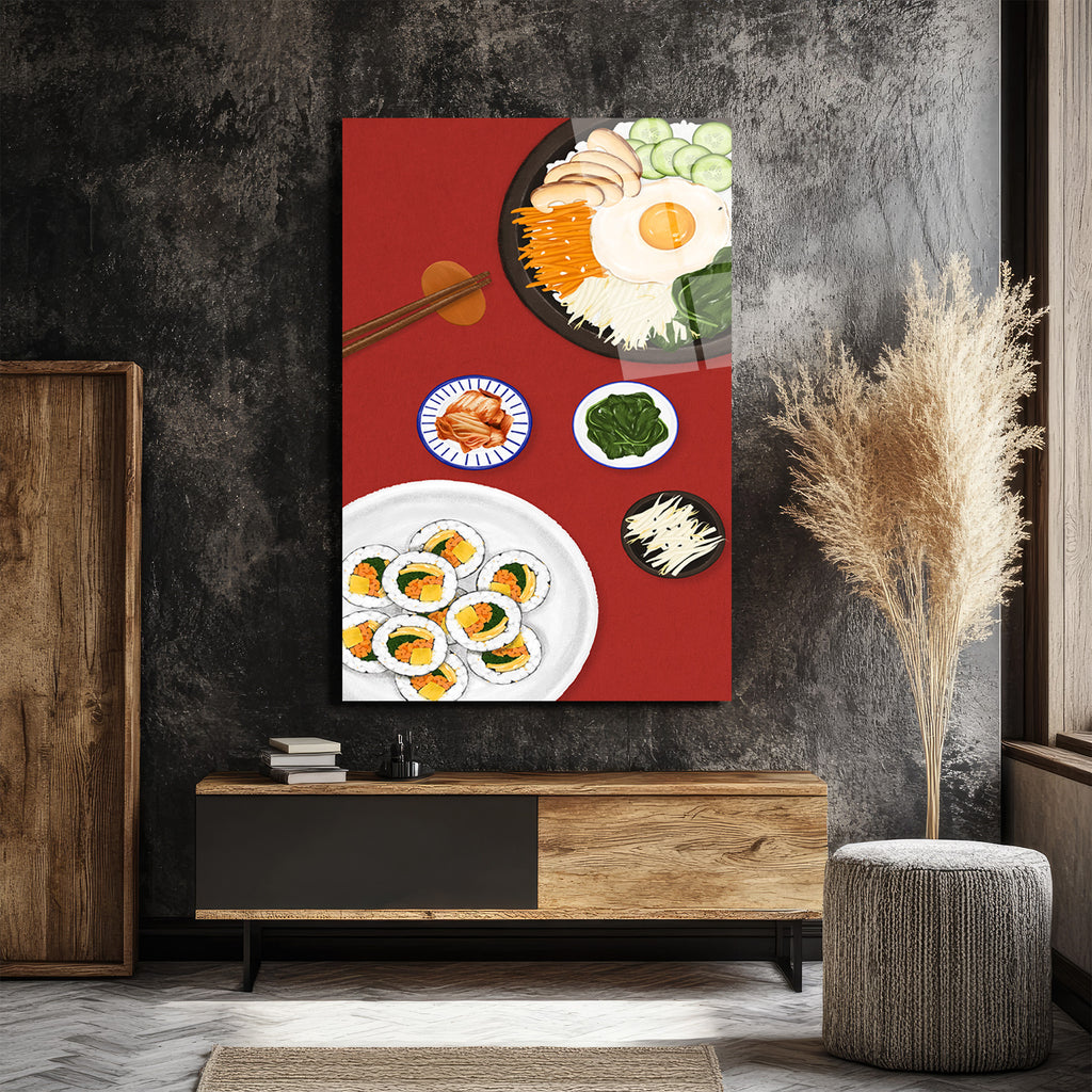 Kore Mutfağı Ziyafeti Cam Tablo | Bibimbap ve Kimbap Duvar Sanatı