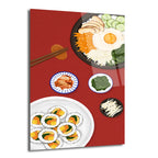 Kırmızı arka plan üzerinde üstten görünüm Kore yemekleri illüstrasyonu. Siyah kaselerde bibimbap (pirinç, sebzeler, kızarmış yumurta ve mantar ile), beyaz tabakta dilimlenmiş kimbap ruloları, küçük kaselerde kimchi, ıspanak ve fasulye filizi, yanında ahşap yemek çubukları.