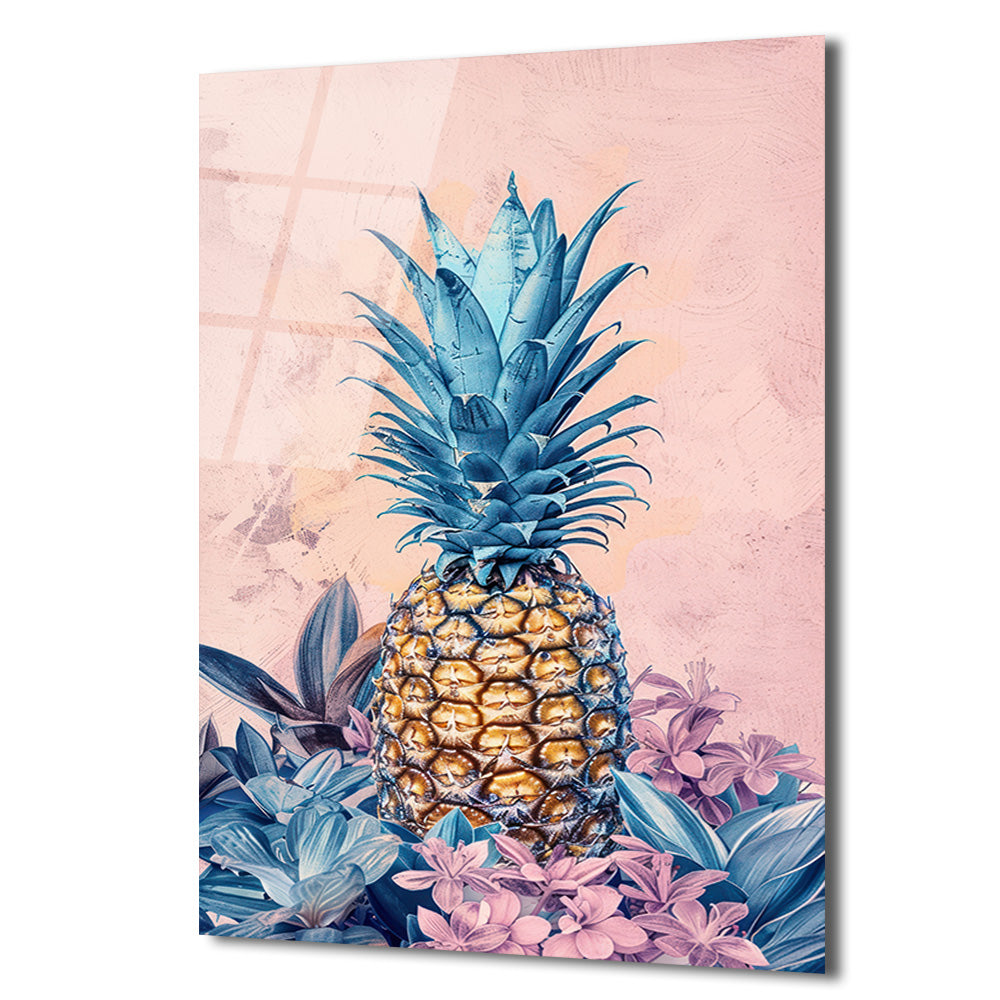 Egzotik Mavi Ananas Botanik Desenli Modern Cam Tablo