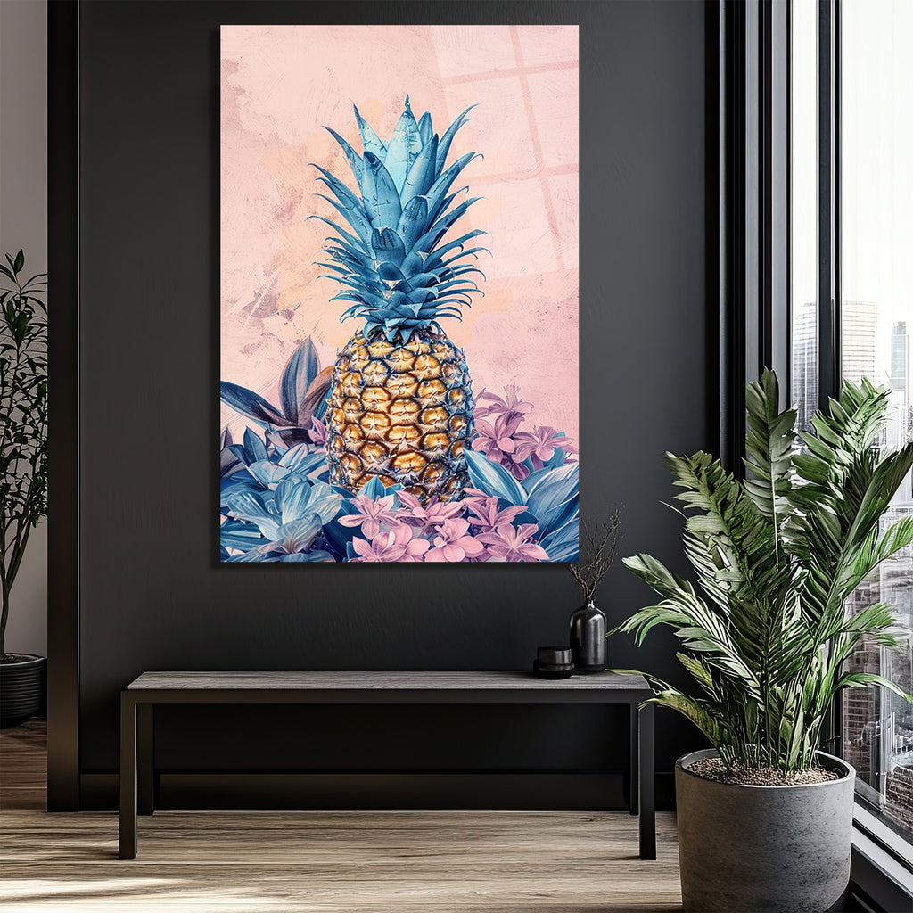 Egzotik Mavi Ananas Botanik Desenli Modern Cam Tablo