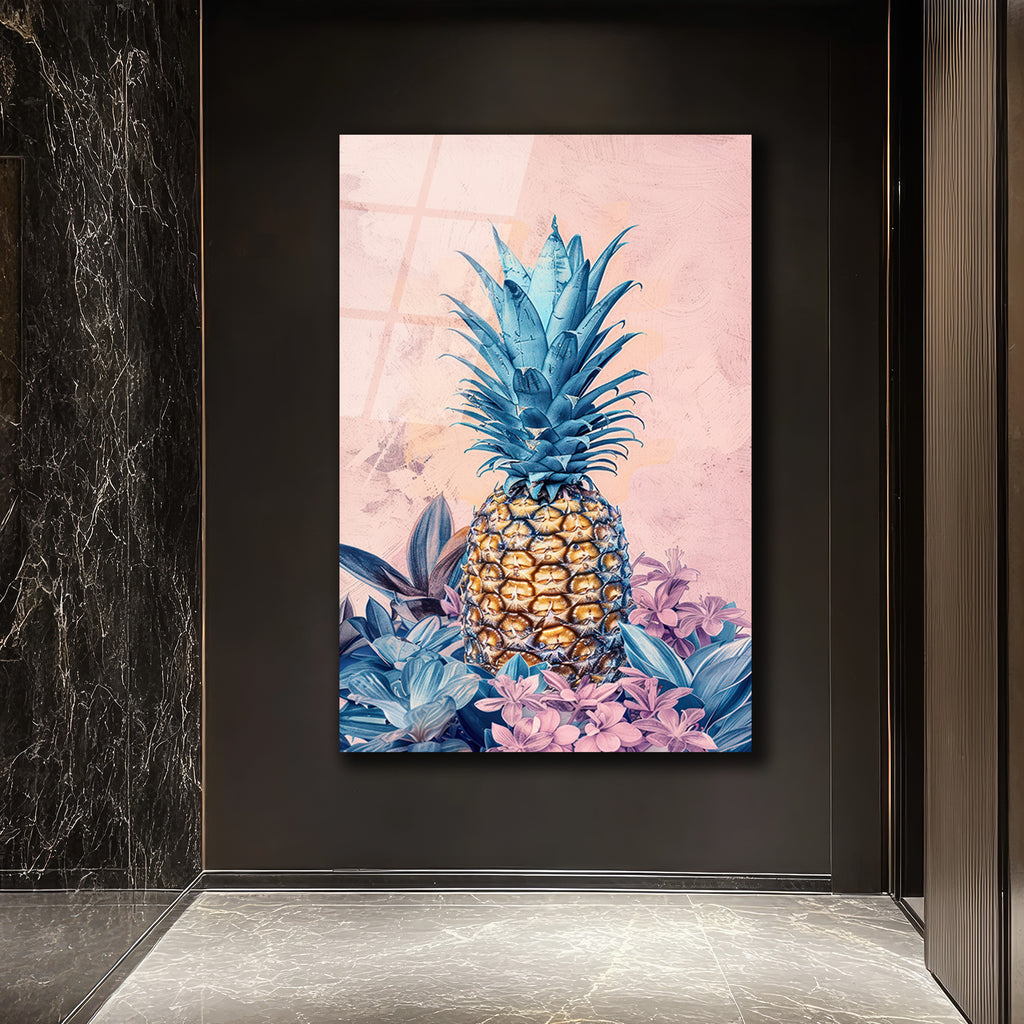 Egzotik Mavi Ananas Botanik Desenli Modern Cam Tablo