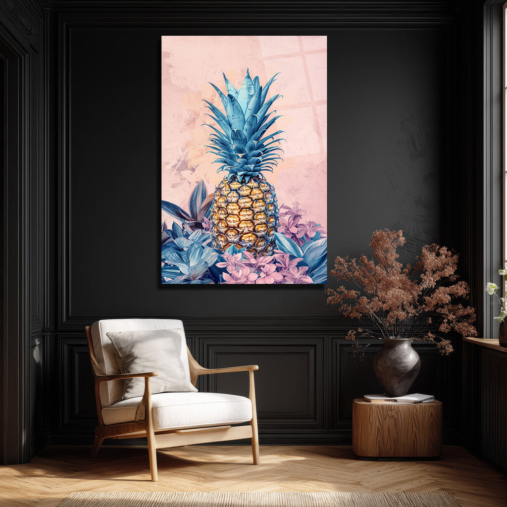 Egzotik Mavi Ananas Botanik Desenli Modern Cam Tablo