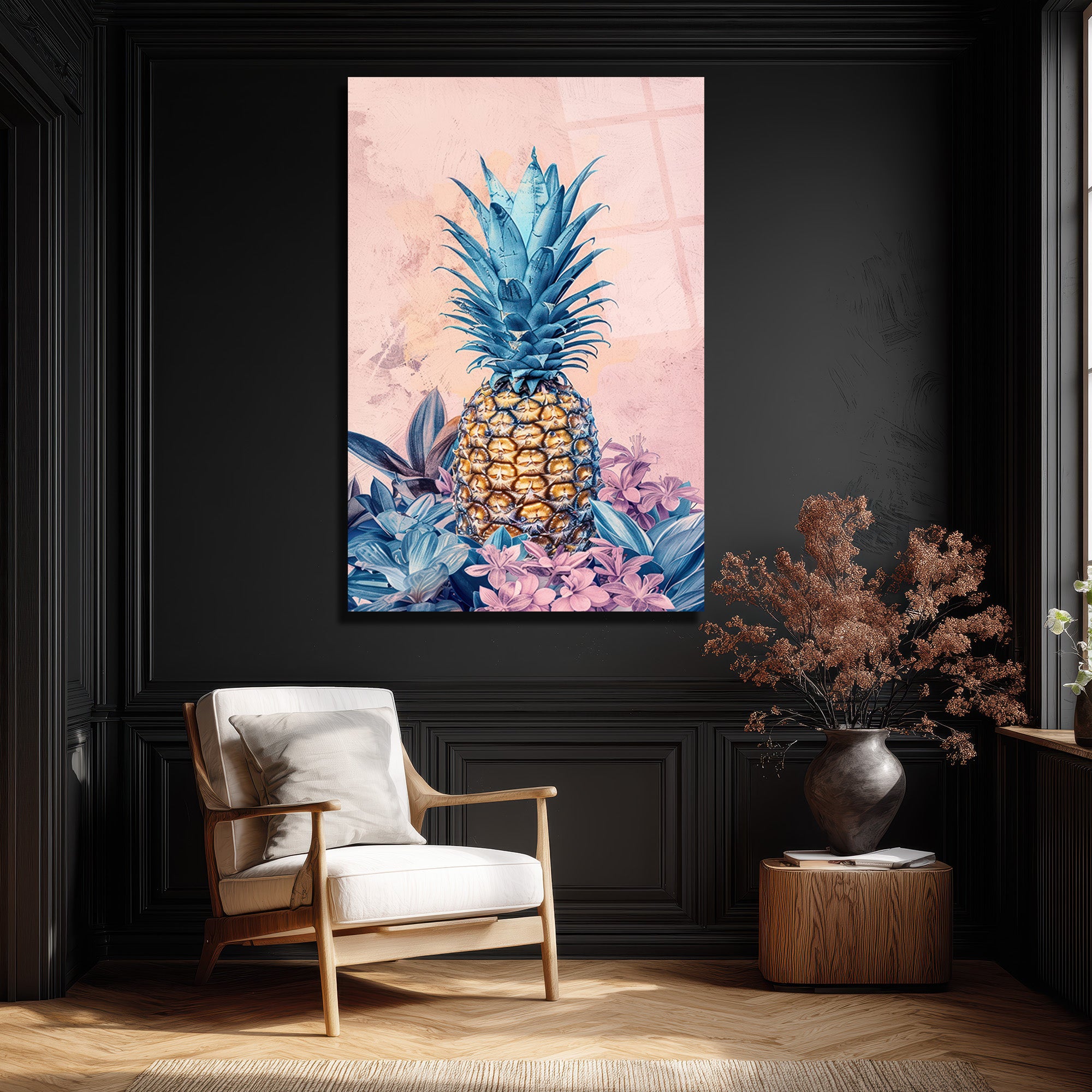 Egzotik Mavi Ananas Botanik Desenli Modern Cam Tablo