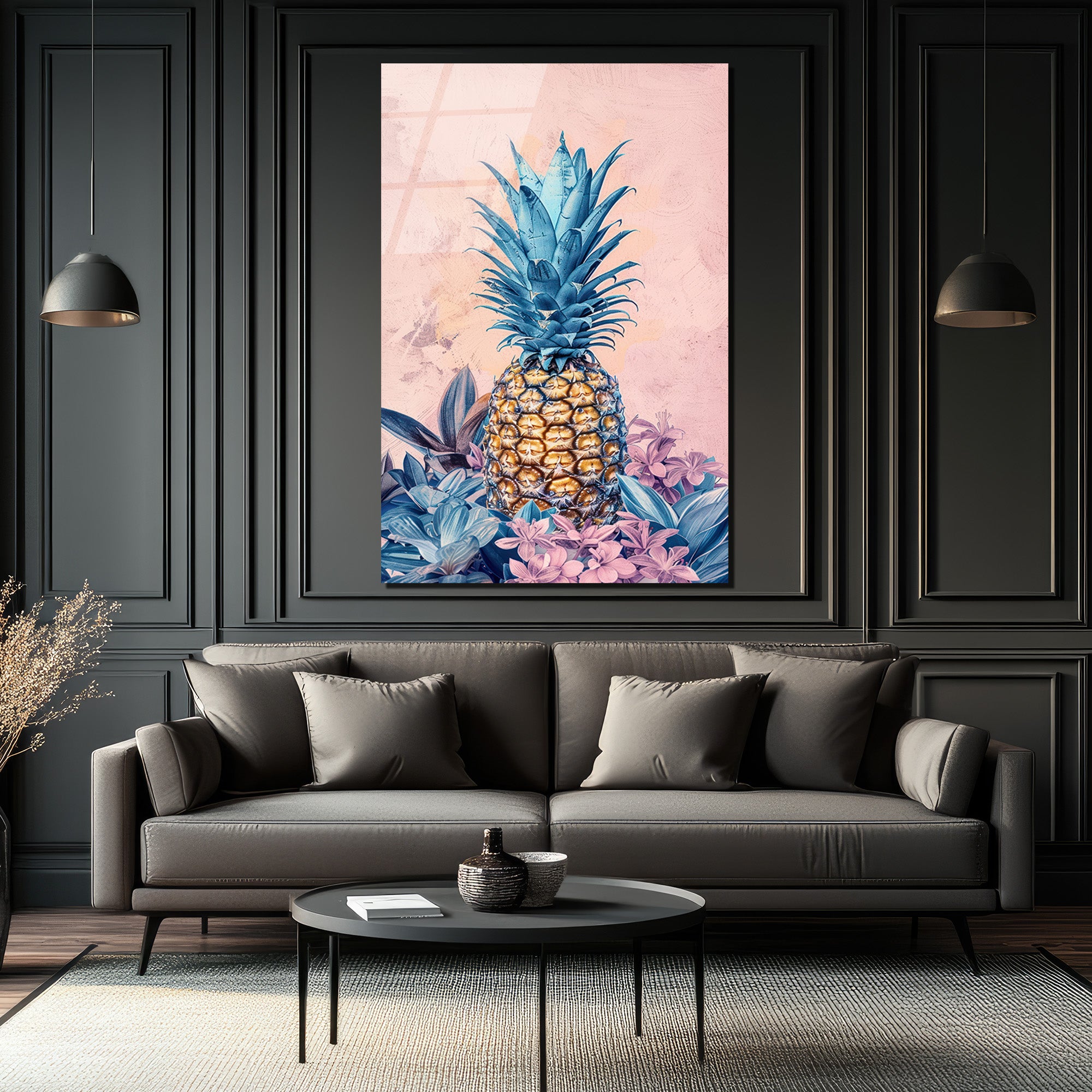 Egzotik Mavi Ananas Botanik Desenli Modern Cam Tablo