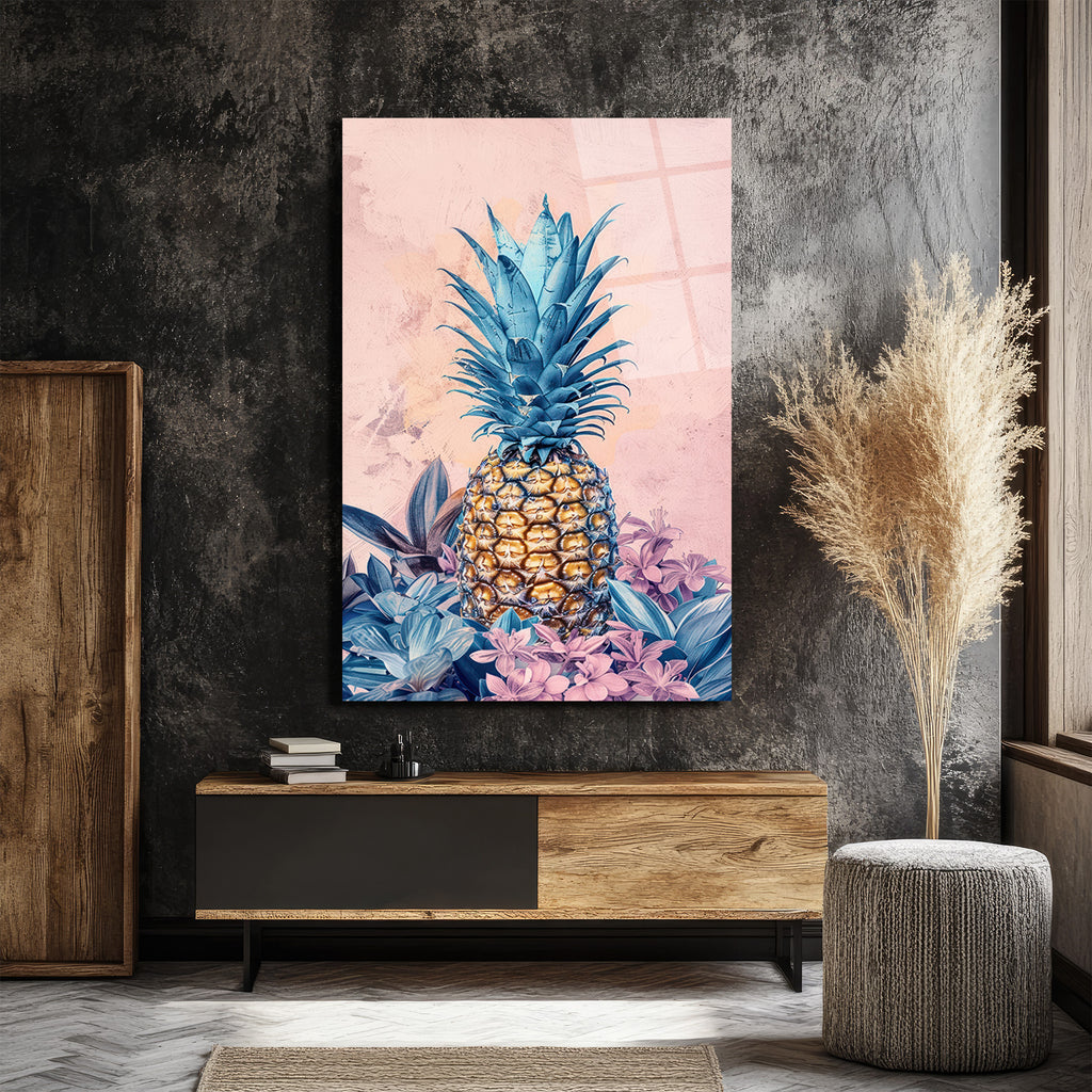 Egzotik Mavi Ananas Botanik Desenli Modern Cam Tablo