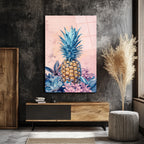 Egzotik Mavi Ananas Botanik Desenli Modern Cam Tablo