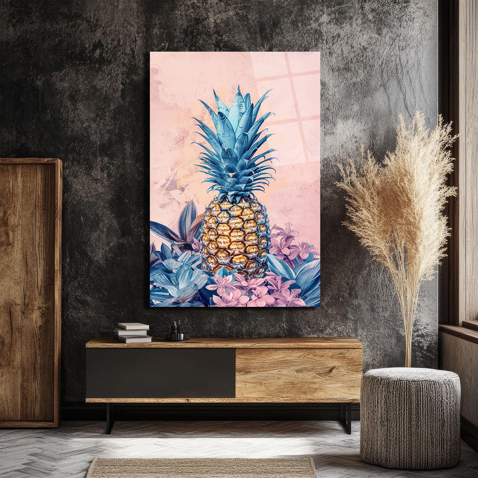 Egzotik Mavi Ananas Botanik Desenli Modern Cam Tablo