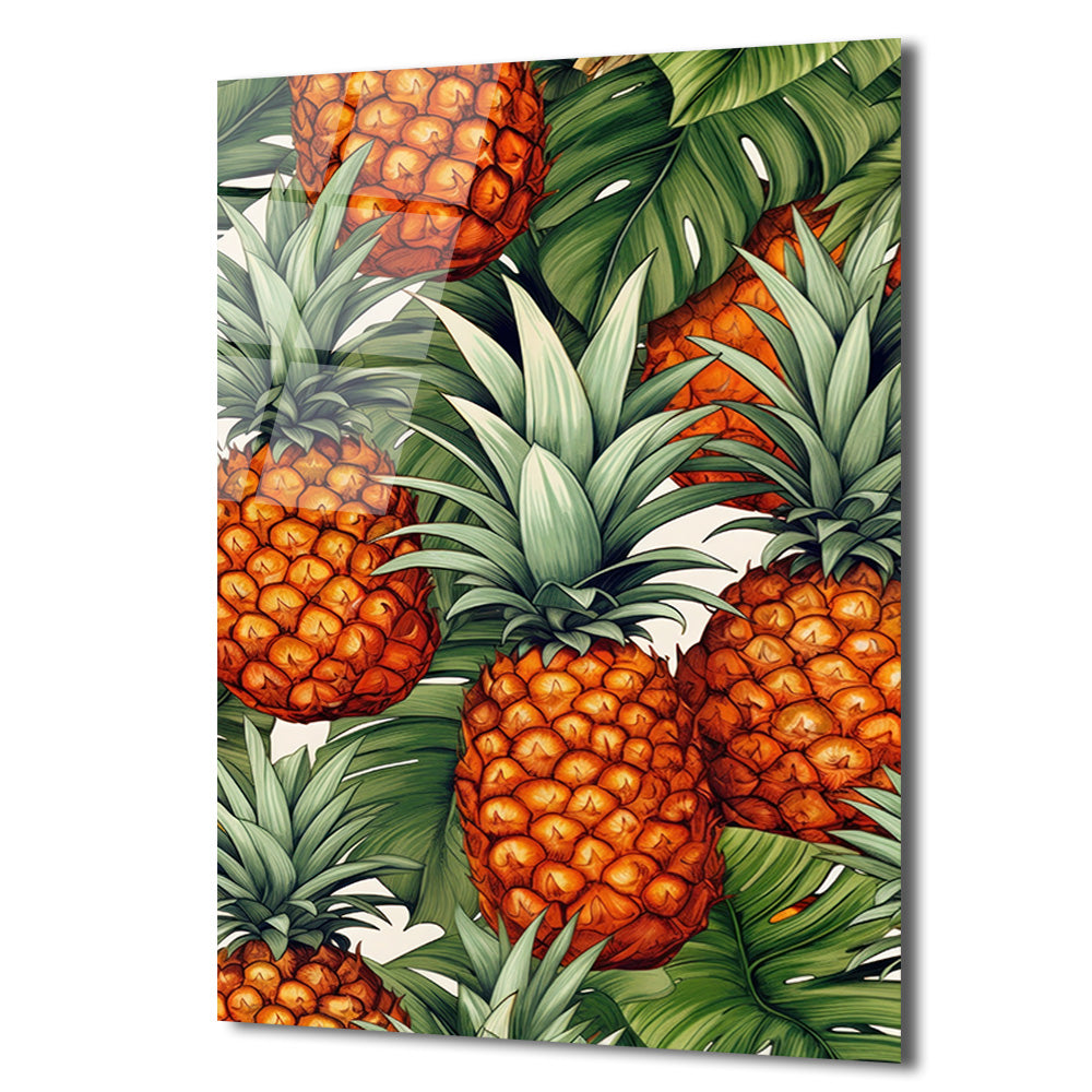 Egzotik Ananas ve Tropikal Yapraklar Cam Tablo - Canlı Duvar Sanatı