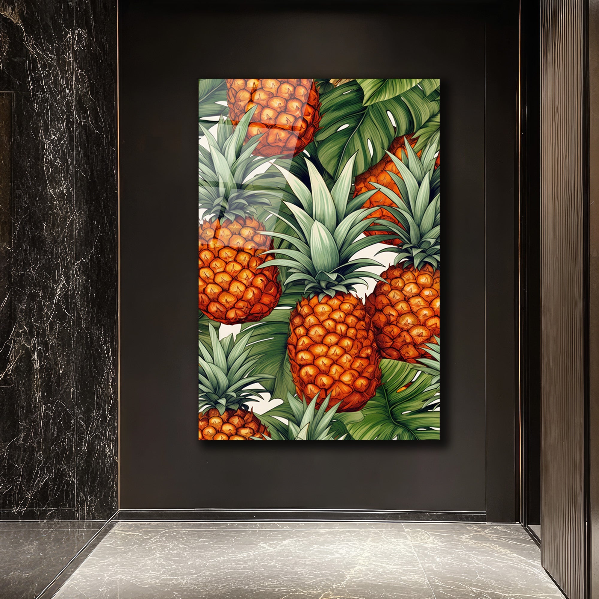 Egzotik Ananas ve Tropikal Yapraklar Cam Tablo - Canlı Duvar Sanatı