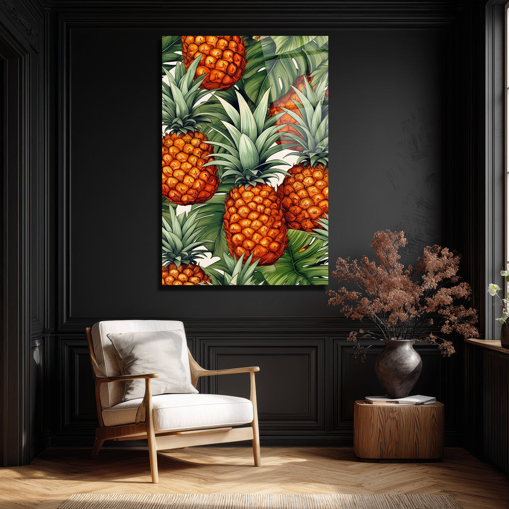 Egzotik Ananas ve Tropikal Yapraklar Cam Tablo - Canlı Duvar Sanatı