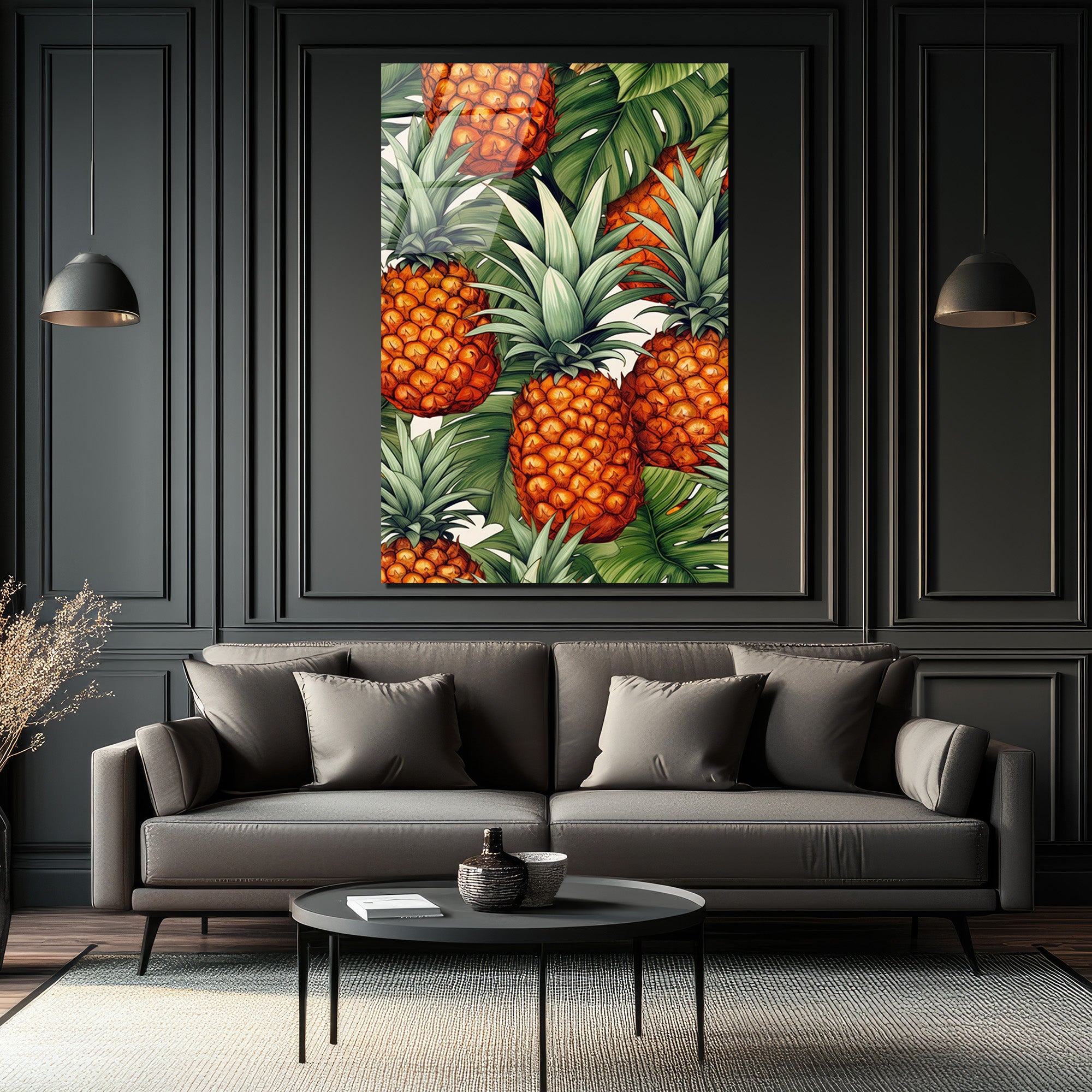 Egzotik Ananas ve Tropikal Yapraklar Cam Tablo - Canlı Duvar Sanatı