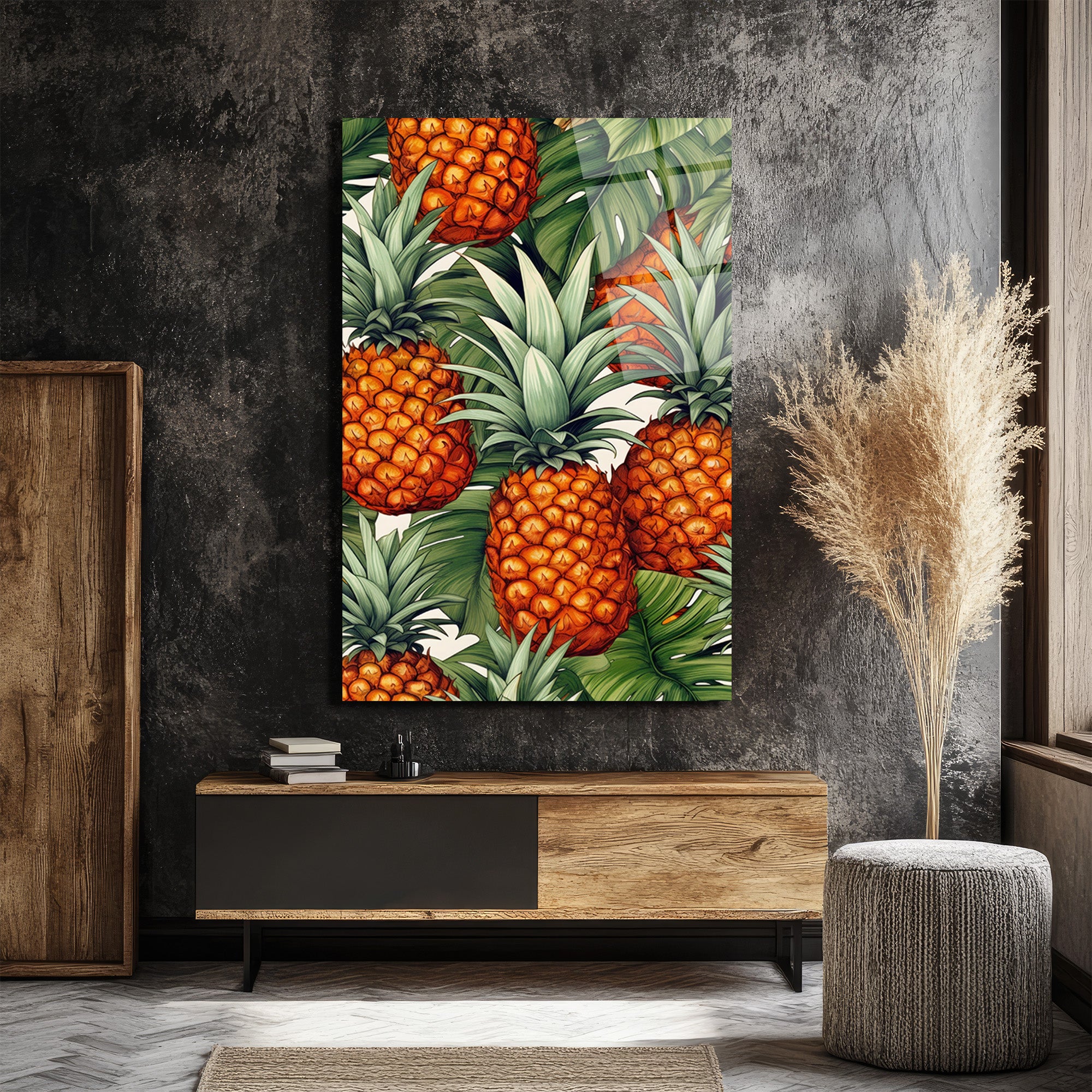 Egzotik Ananas ve Tropikal Yapraklar Cam Tablo - Canlı Duvar Sanatı