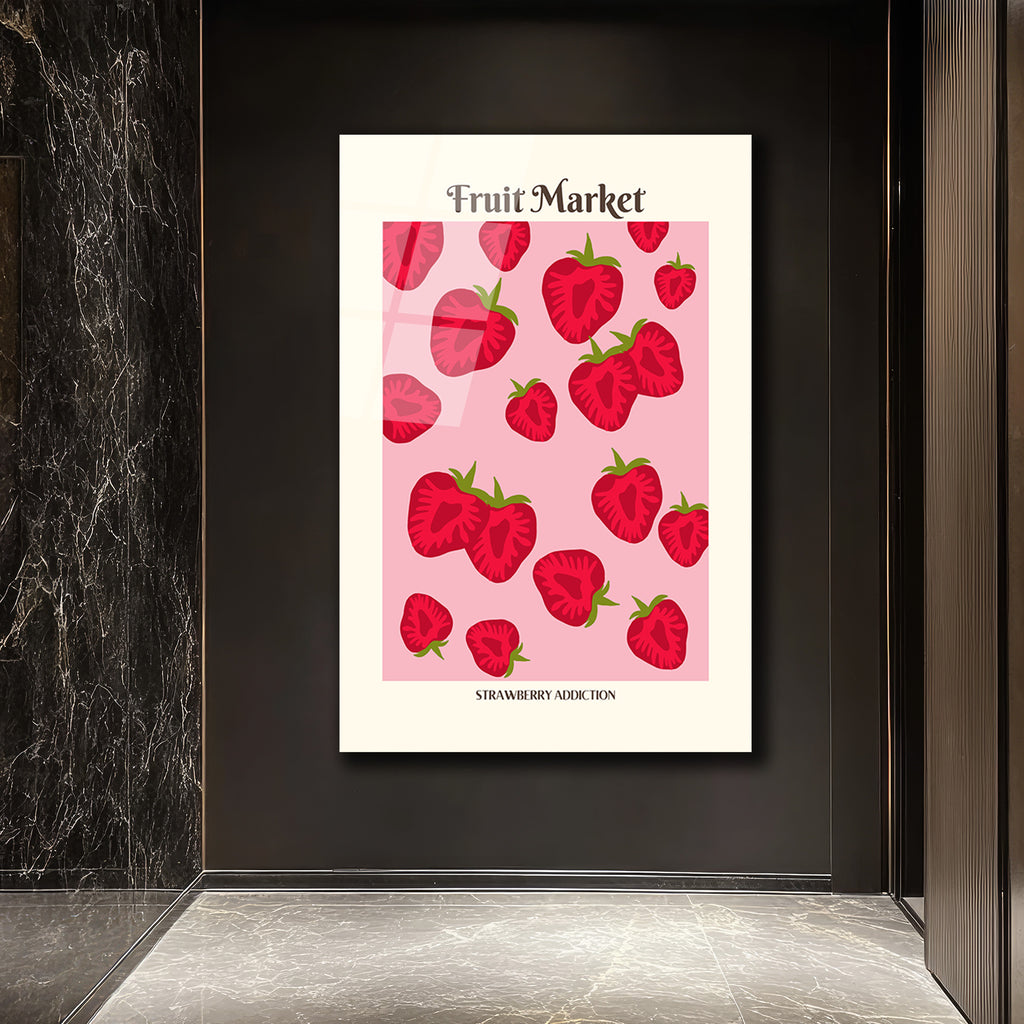Çilek Pazarı Temalı Modern Sanat Cam Tablo