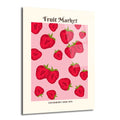 Pembe zeminde kırmızı çilek çizimleri ve 'Fruit Market', 'Strawberry Addiction' yazıları bulunan modern ve canlı bir cam tablo.