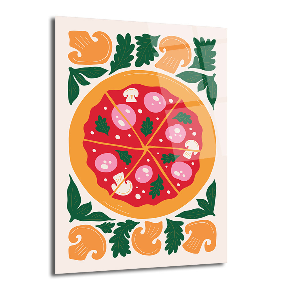 Beyaz bir arka plan üzerinde, kırmızı soslu, pembe salam veya sosis dilimli, beyaz mantar ve yeşil yapraklarla süslenmiş, altı dilime ayrılmış yuvarlak bir pizza illüstrasyonu. Pizza etrafında turuncu mantar ve koyu yeşil yaprak motifleri bulunan modern ve minimalist cam tablo.