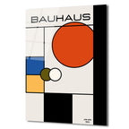 Beyaz bir zemin üzerinde büyük turuncu bir daire, mavi, sarı ve siyah dikdörtgenler içeren, 'BAUHAUS' yazılı, minimalist ve soyut bir cam tablo.