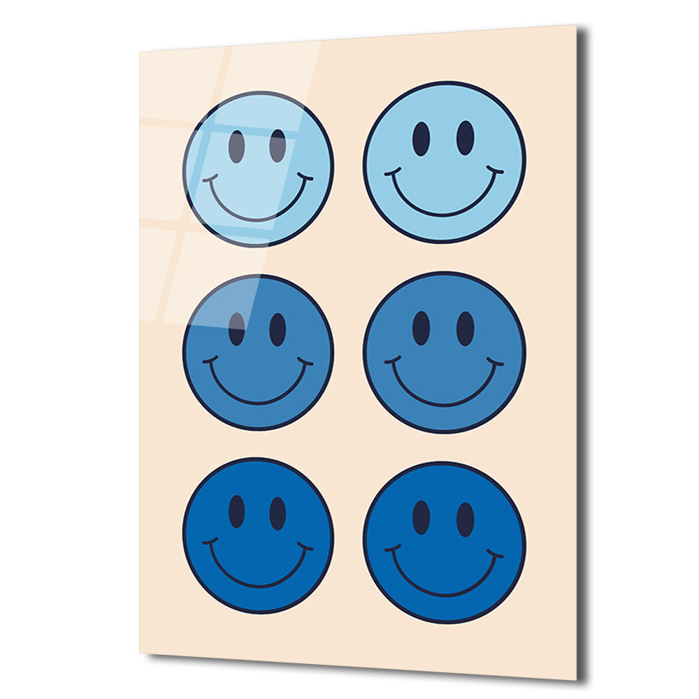 Neşeli Mavi Smiley Yüzler Modern Cam Tablo