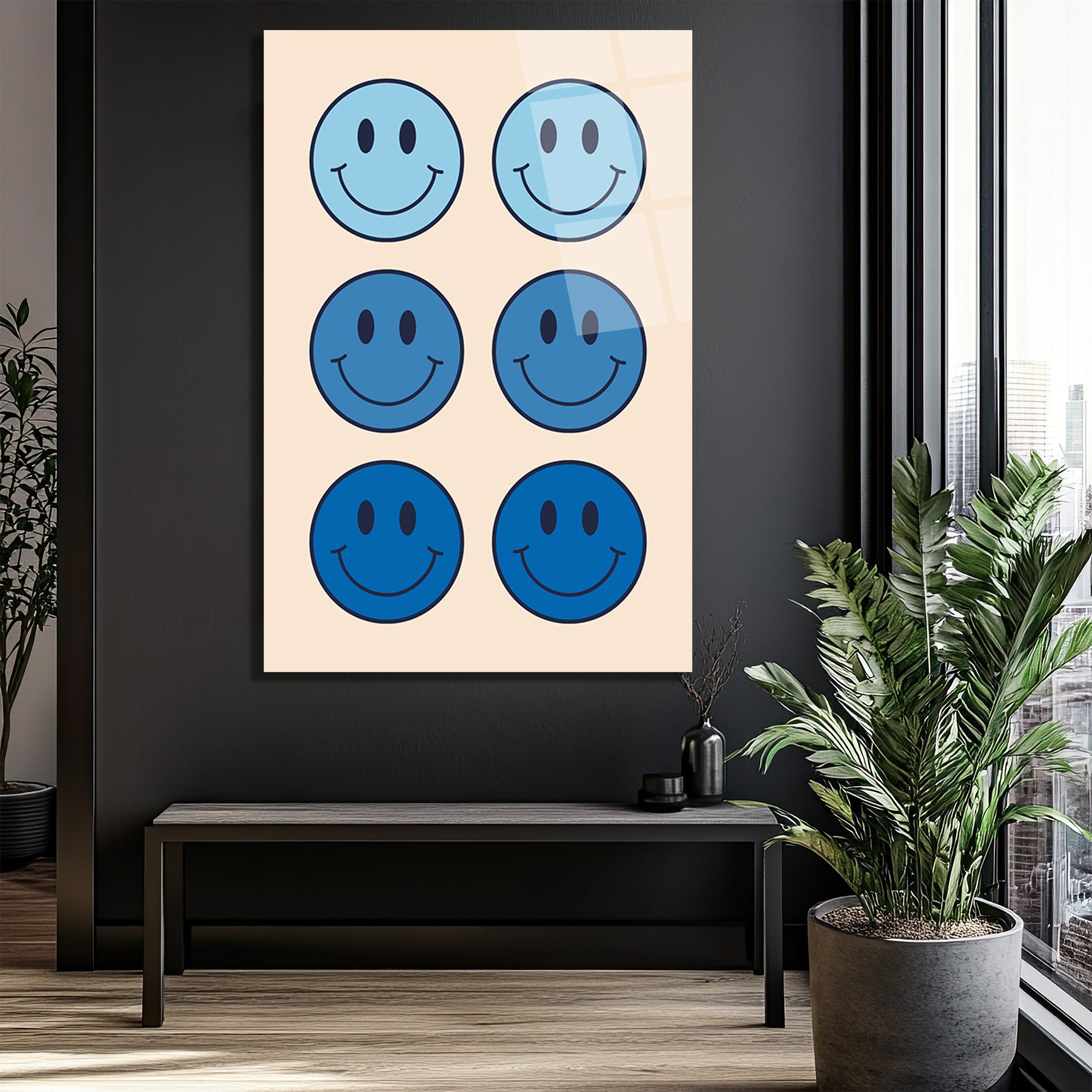 Neşeli Mavi Smiley Yüzler Modern Cam Tablo