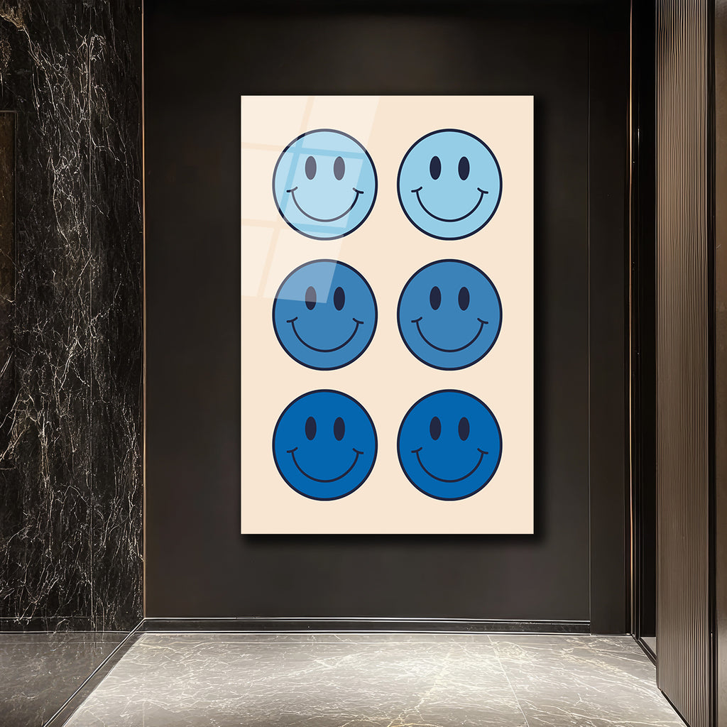 Neşeli Mavi Smiley Yüzler Modern Cam Tablo