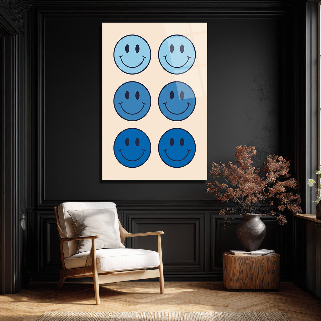 Neşeli Mavi Smiley Yüzler Modern Cam Tablo
