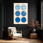 Neşeli Mavi Smiley Yüzler Modern Cam Tablo