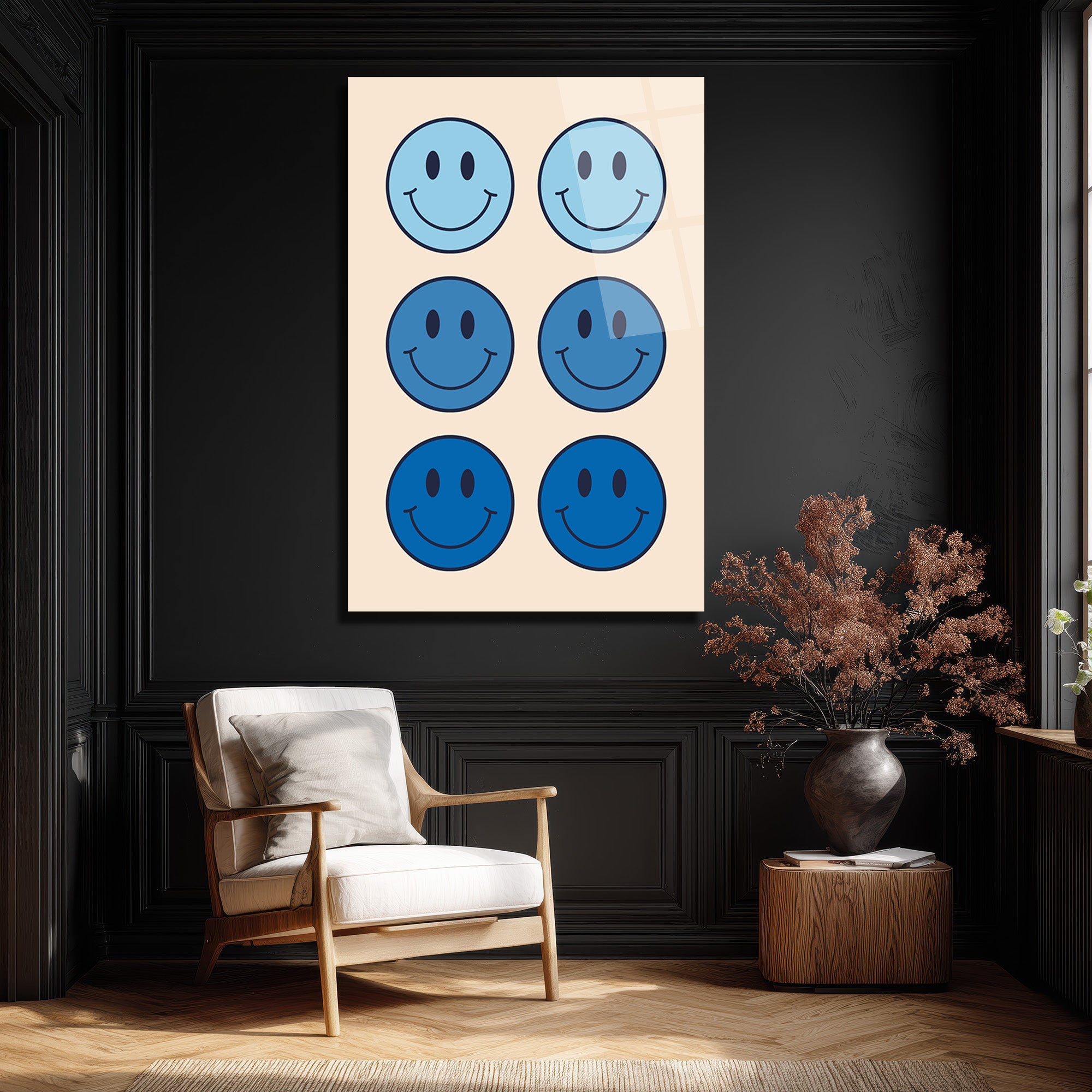 Neşeli Mavi Smiley Yüzler Modern Cam Tablo