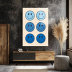 Neşeli Mavi Smiley Yüzler Modern Cam Tablo