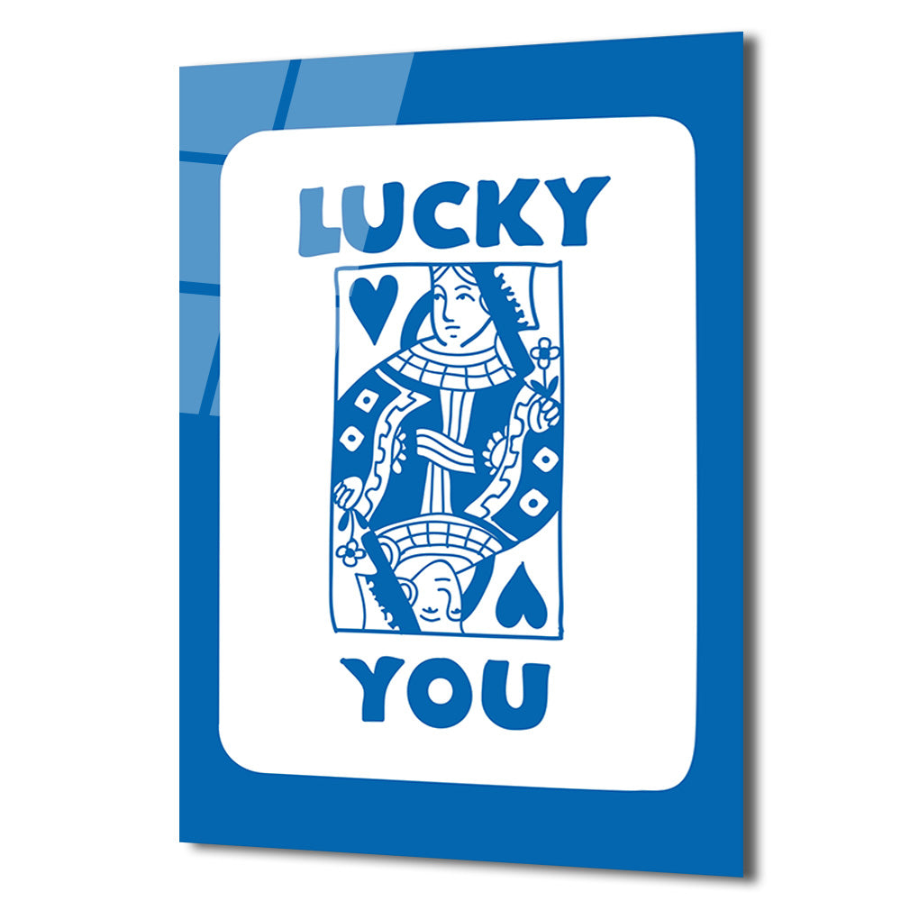 Lucky You Kraliçe İskambil Kartı Mavi Beyaz Cam Tablo