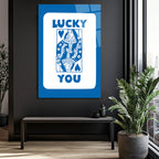 Lucky You Kraliçe İskambil Kartı Mavi Beyaz Cam Tablo