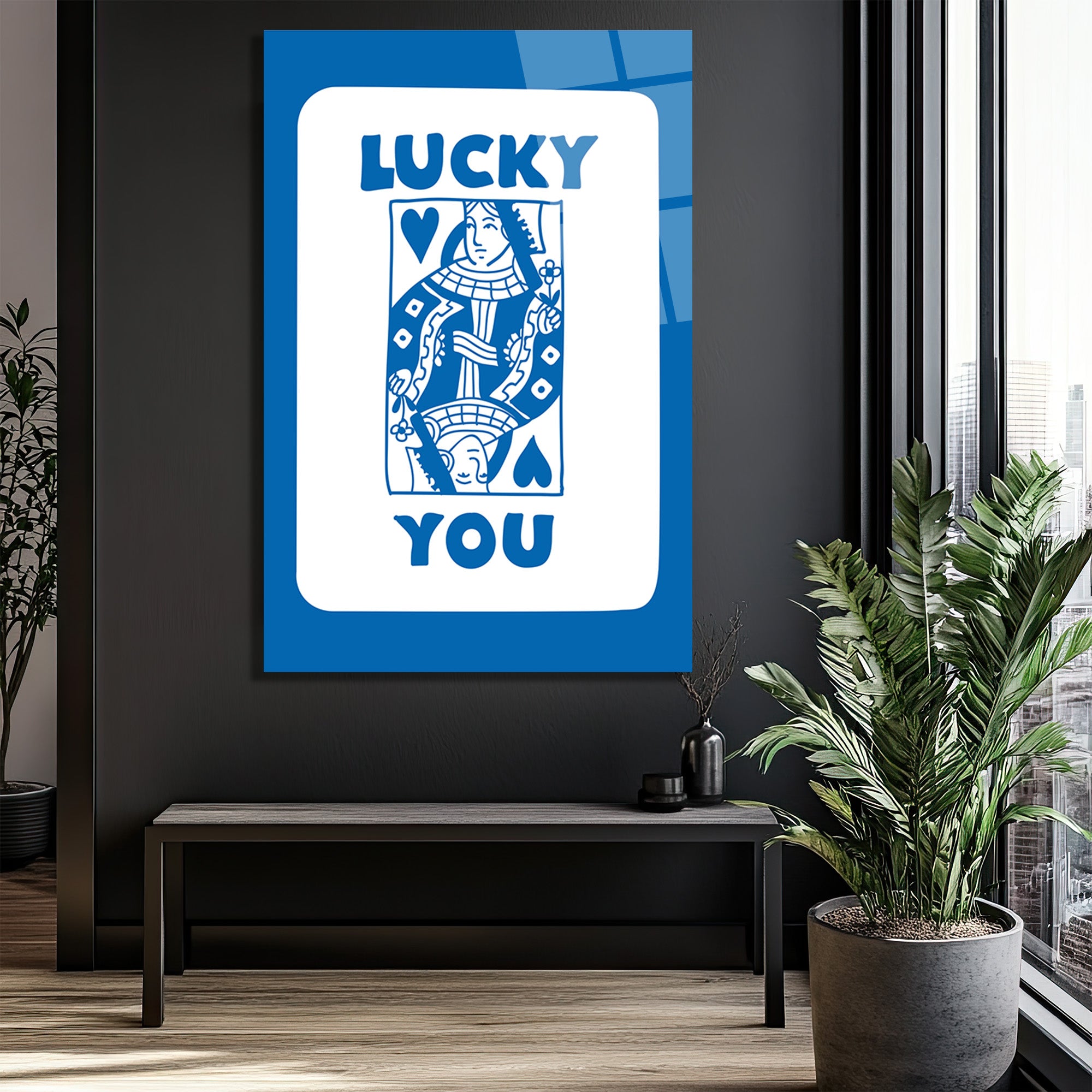 Lucky You Kraliçe İskambil Kartı Mavi Beyaz Cam Tablo