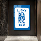 Lucky You Kraliçe İskambil Kartı Mavi Beyaz Cam Tablo