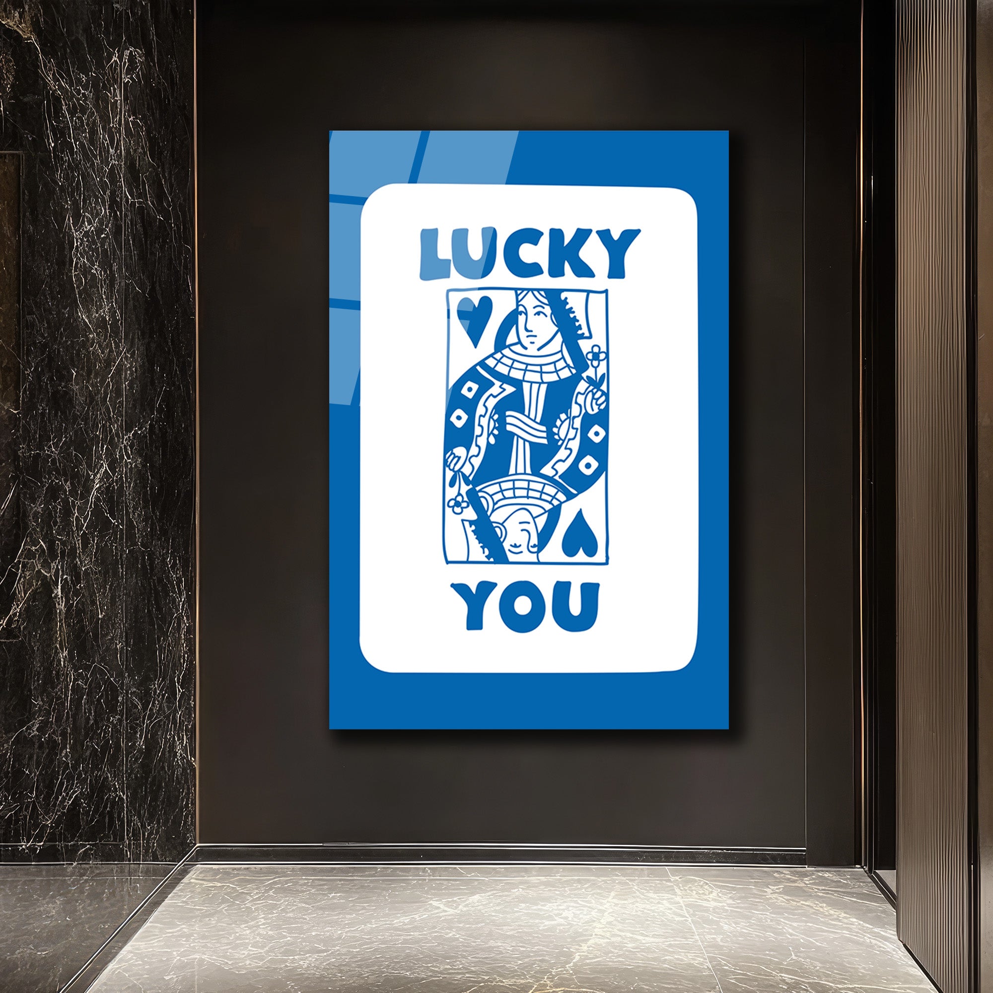 Lucky You Kraliçe İskambil Kartı Mavi Beyaz Cam Tablo
