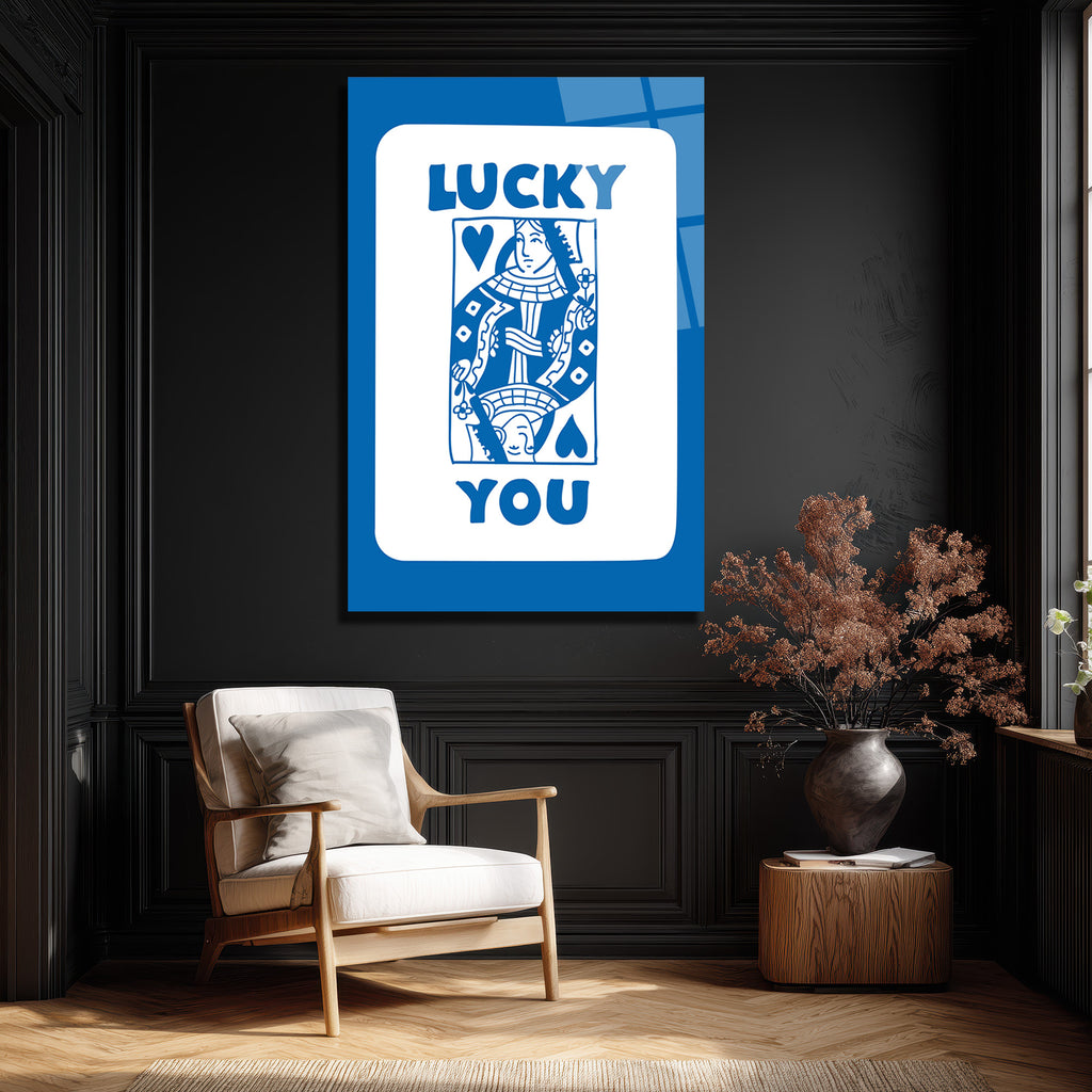 Lucky You Kraliçe İskambil Kartı Mavi Beyaz Cam Tablo