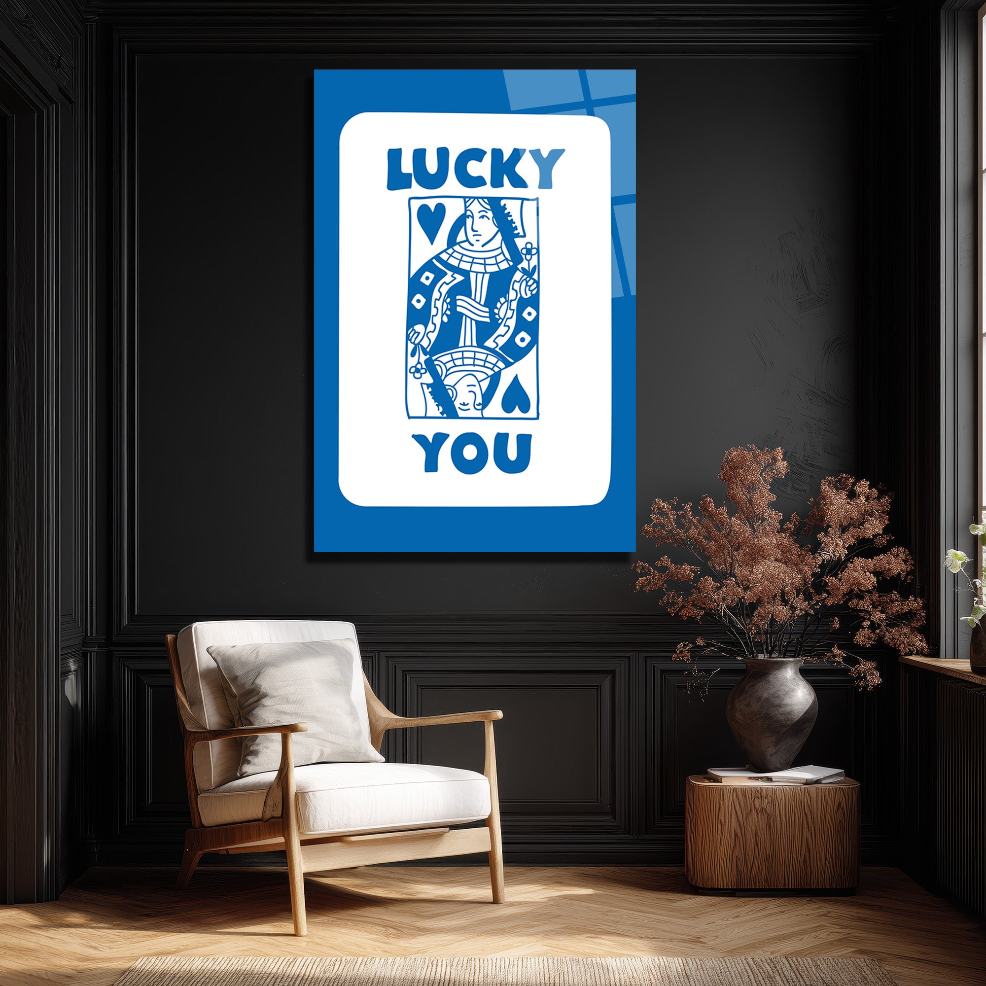 Lucky You Kraliçe İskambil Kartı Mavi Beyaz Cam Tablo