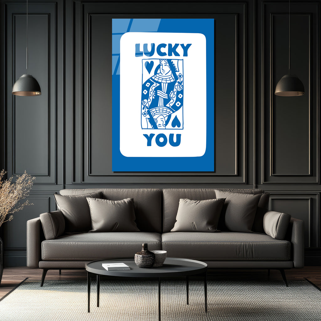 Lucky You Kraliçe İskambil Kartı Mavi Beyaz Cam Tablo