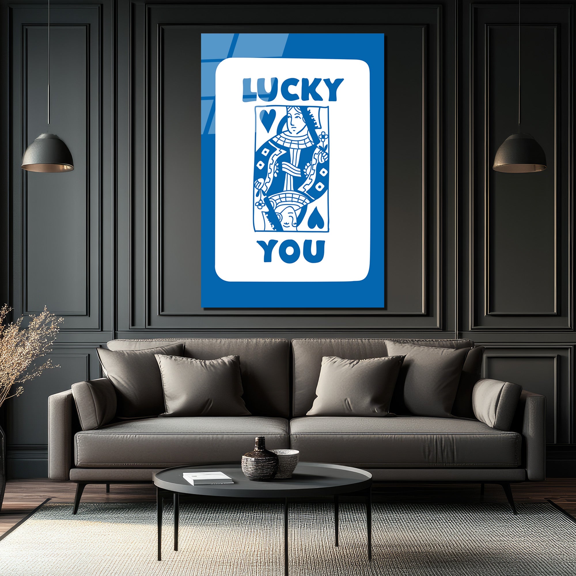 Lucky You Kraliçe İskambil Kartı Mavi Beyaz Cam Tablo