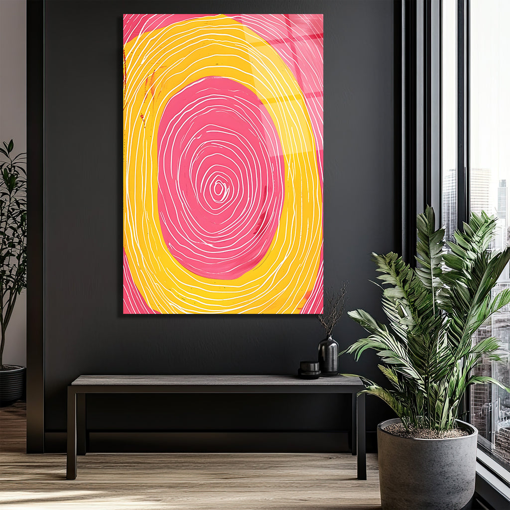 Canlı Pembe Sarı Çizgili Soyut Cam Tablo