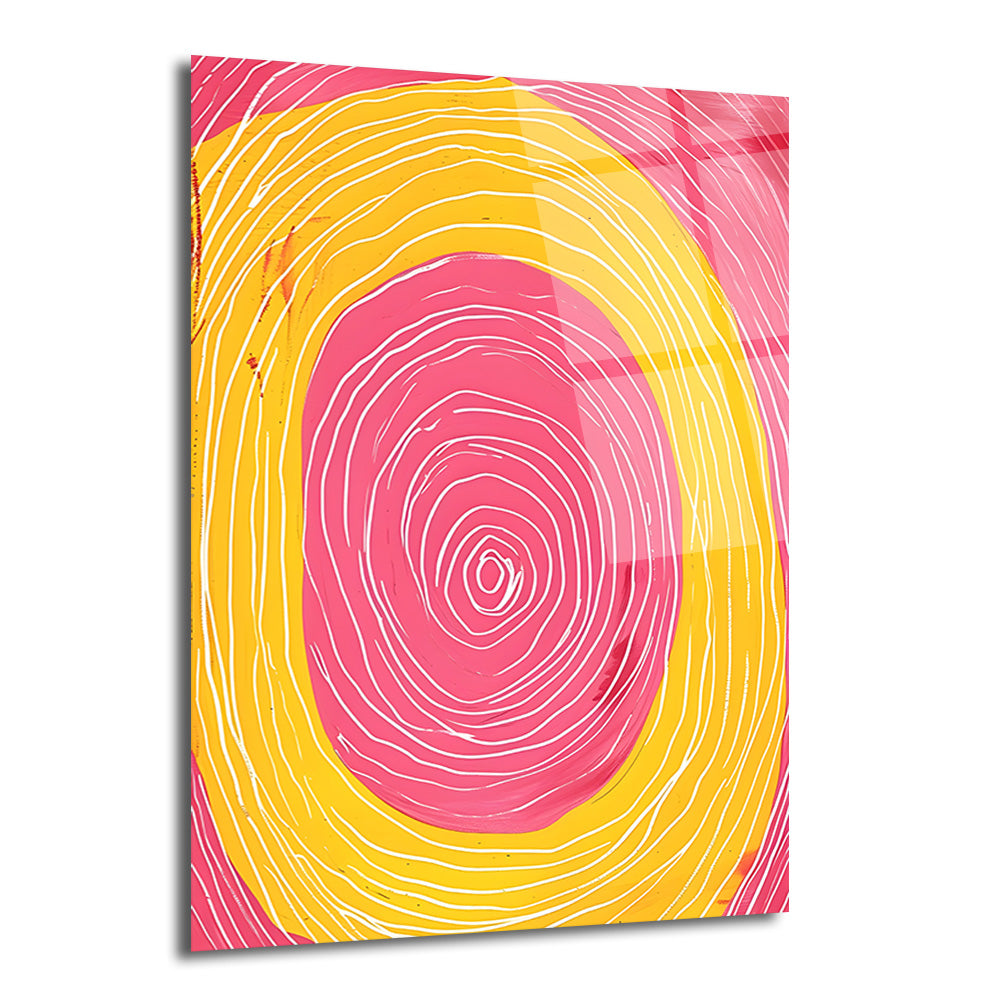 Pembe ve sarı tonlarında, beyaz ince çizgilerle oluşturulmuş konsantrik daire desenine sahip modern bir cam tablo.