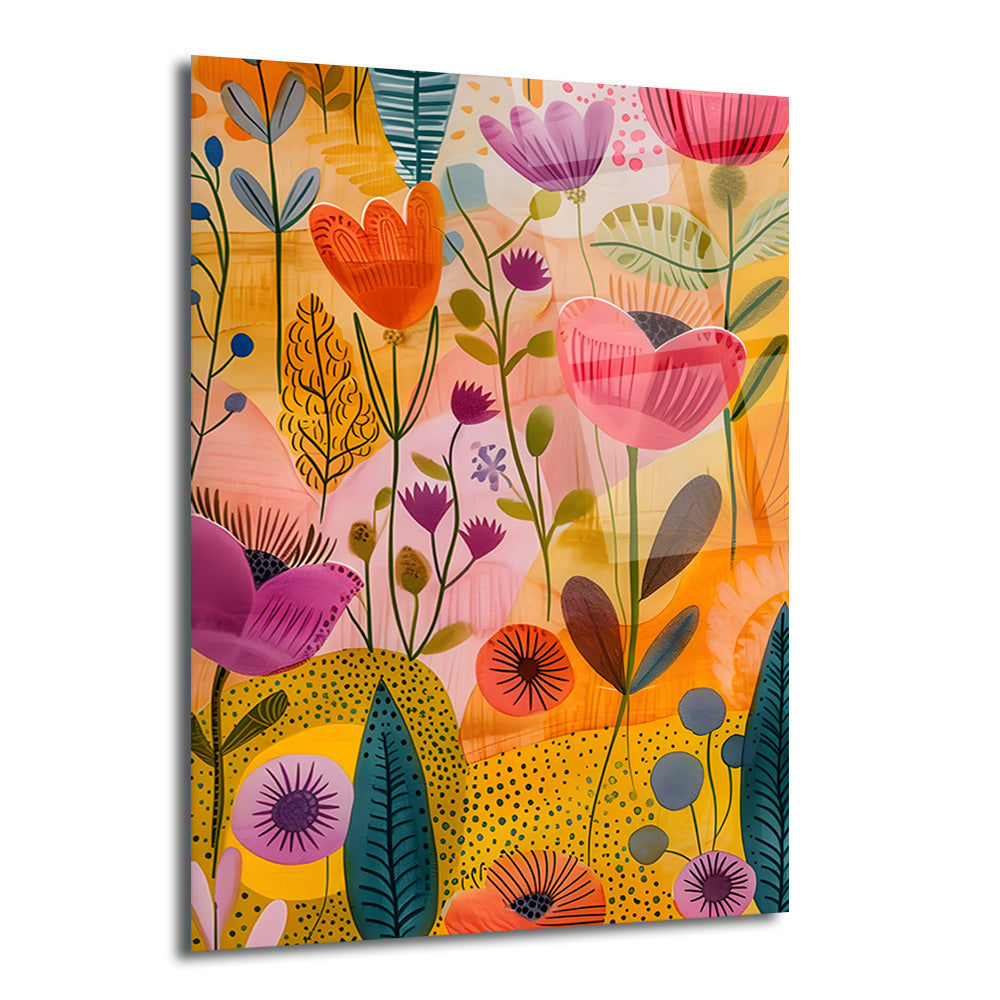 Canlı pembe, turuncu, mor, sarı ve teal renklerde, soyut çiçek ve yaprak desenleriyle dolu modern bir cam tablo. Arka plan sarı ve turuncu tonlarında soyut şekiller içeriyor.