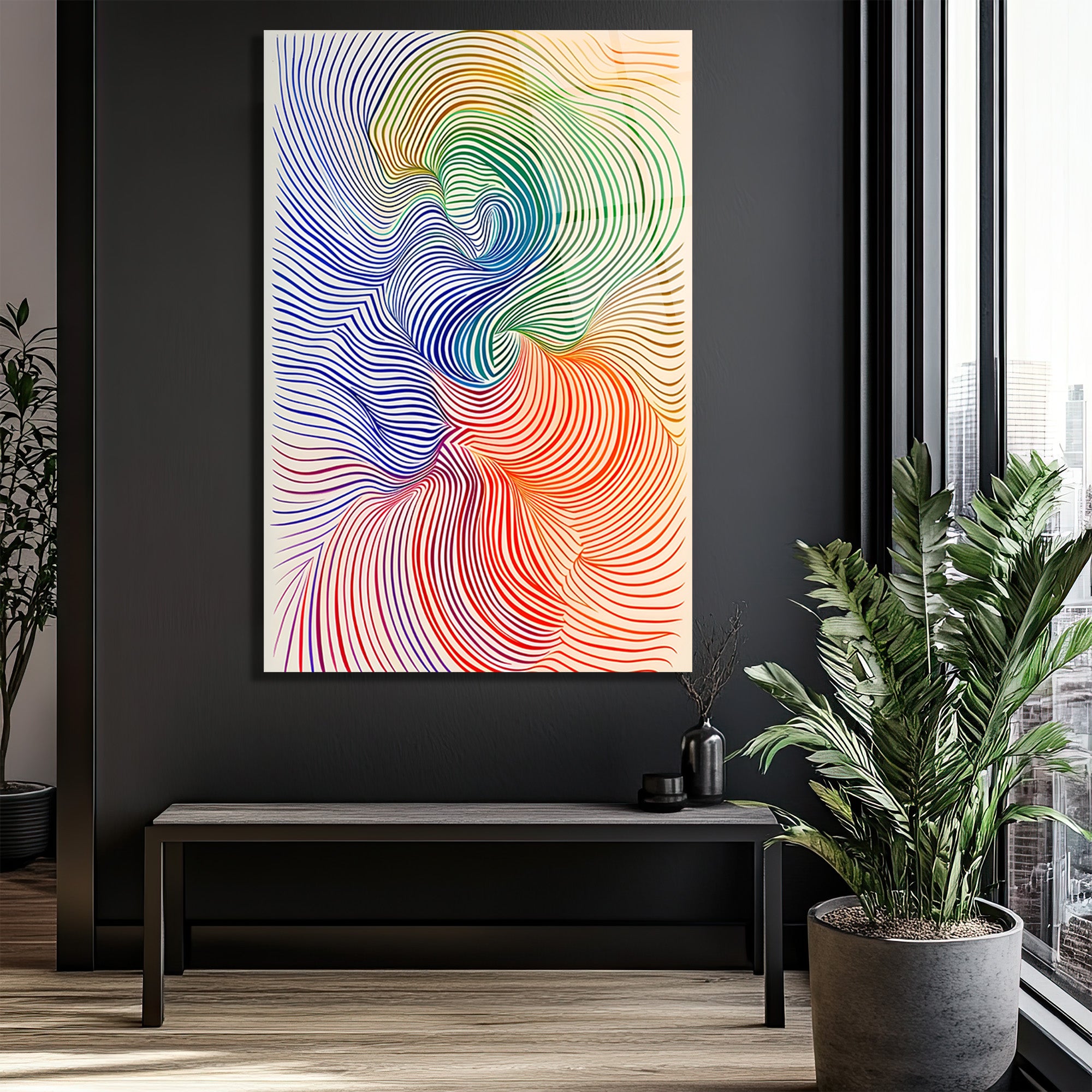 Op Art Akışkanlık: Çok Renkli Dalgalar Cam Tablo