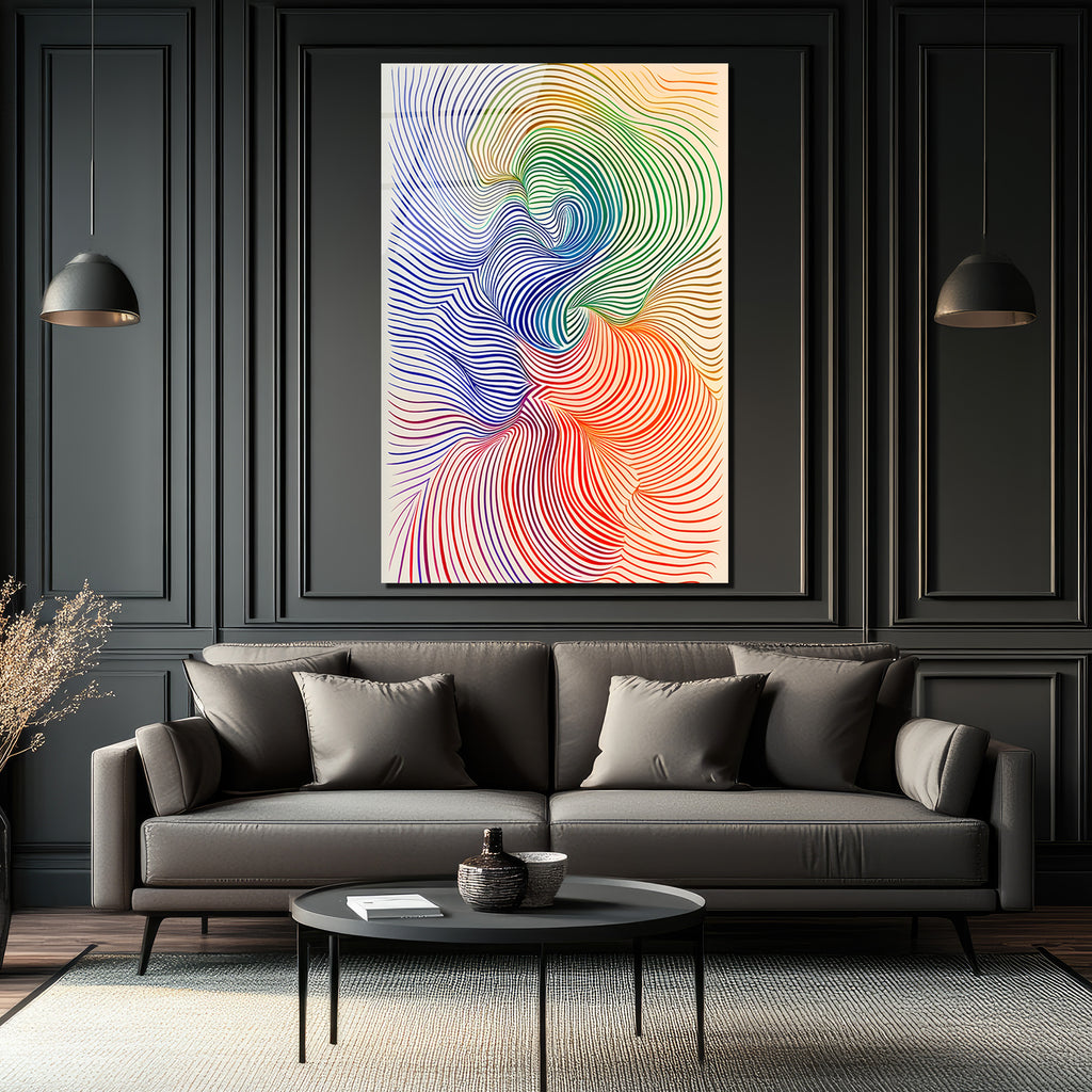 Op Art Akışkanlık: Çok Renkli Dalgalar Cam Tablo