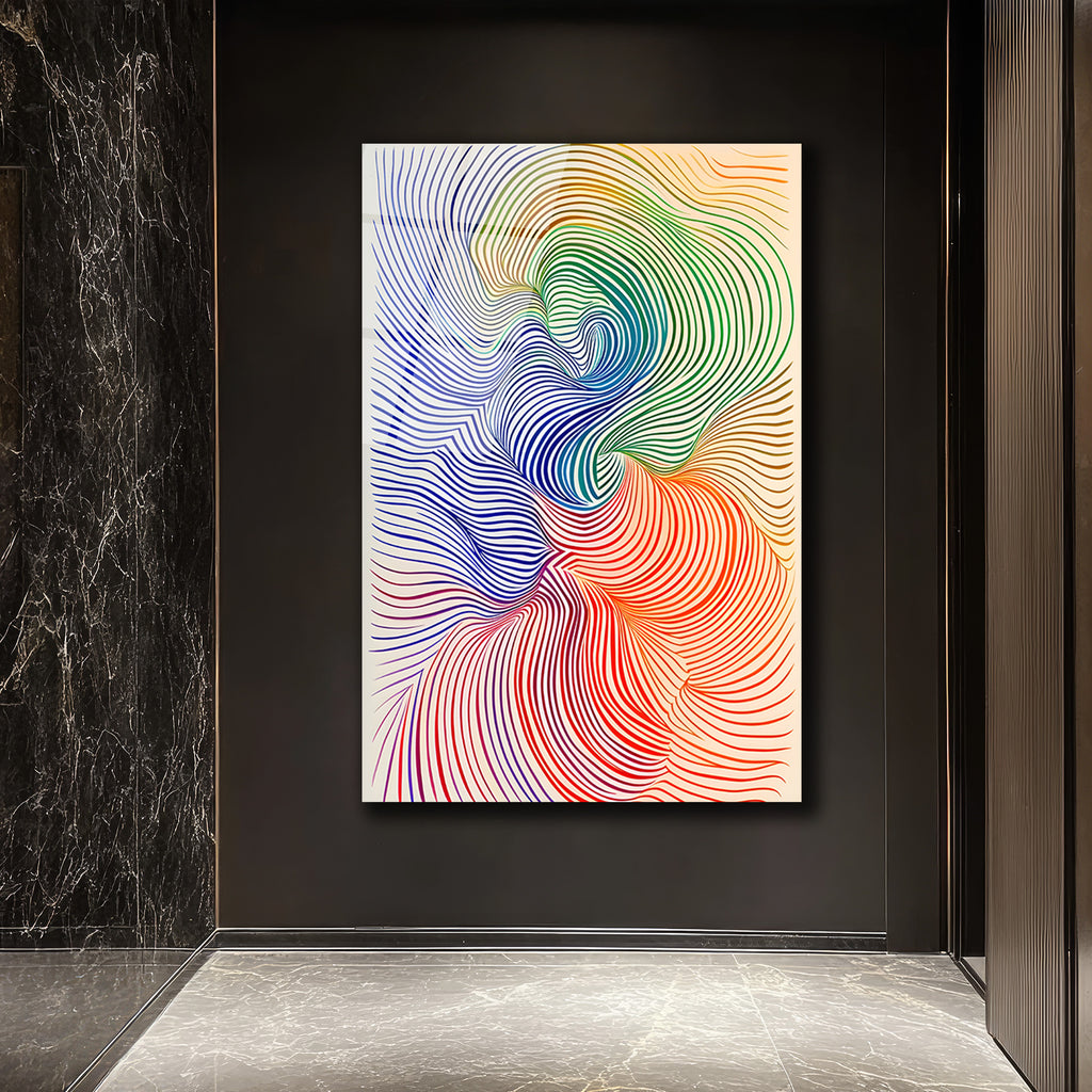 Op Art Akışkanlık: Çok Renkli Dalgalar Cam Tablo