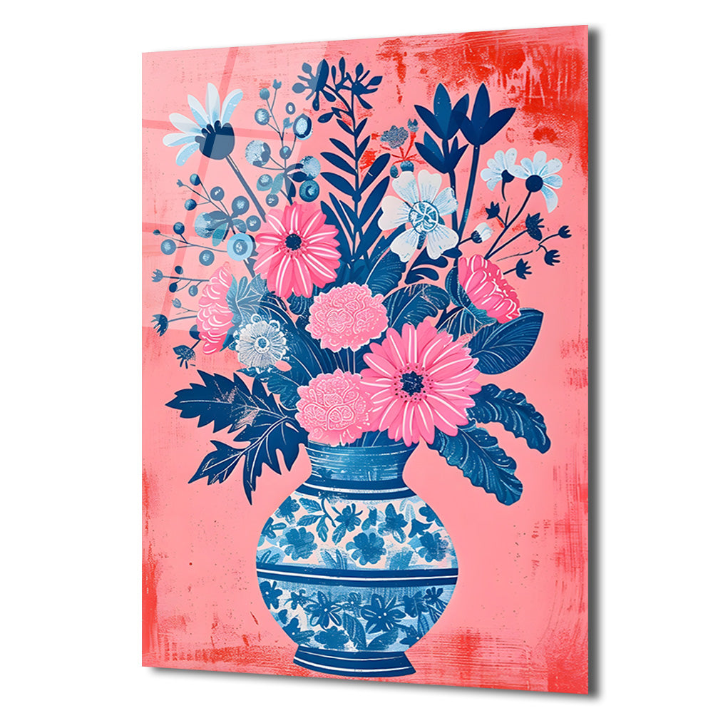 Canlı Çiçekler Vazoda Cam Tablo - Pembe ve Mavi Botanik Sanat